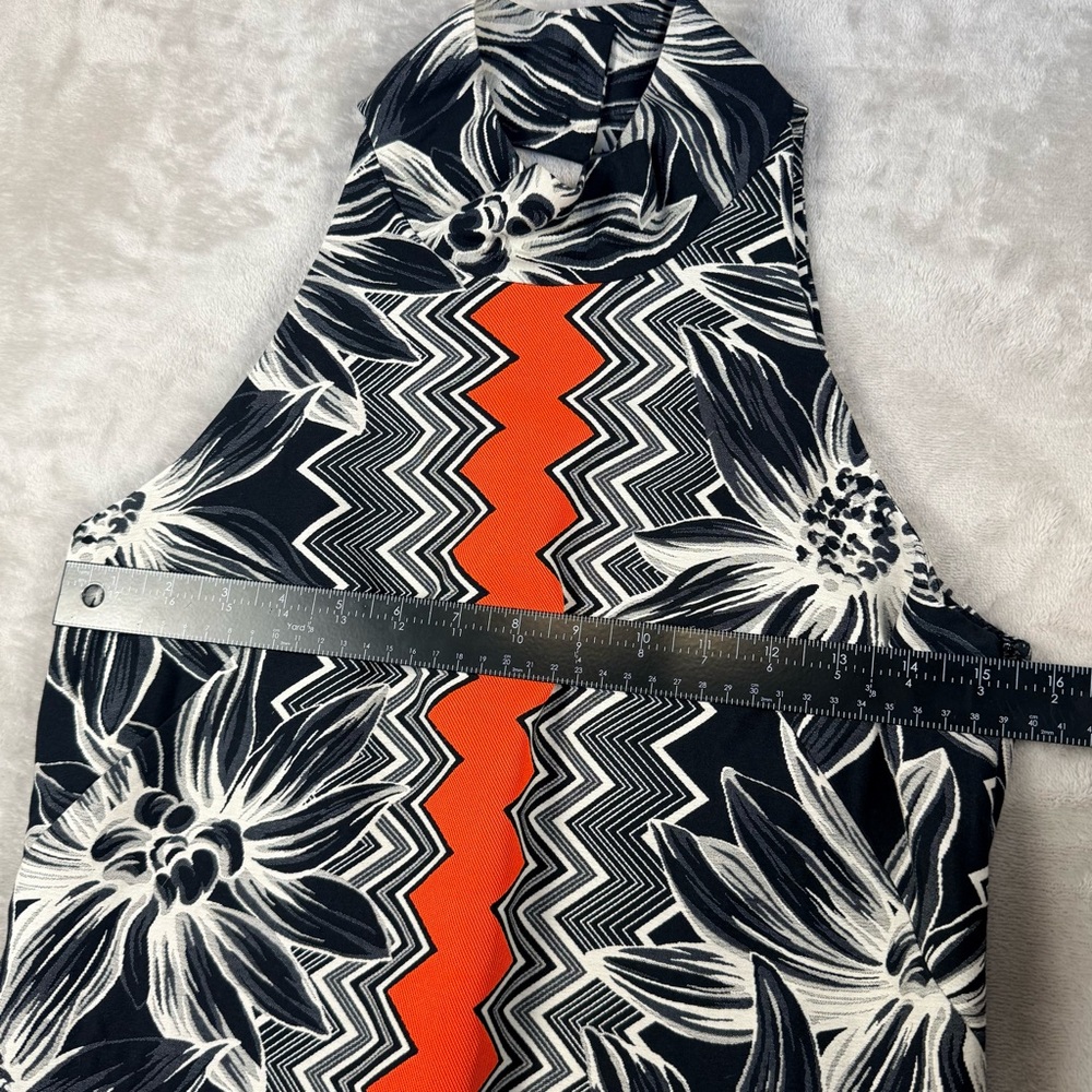 Milly Black White Floral Shift Dress Orange Accent High Neck Size 2 Made USA - Picture 8 of 11
